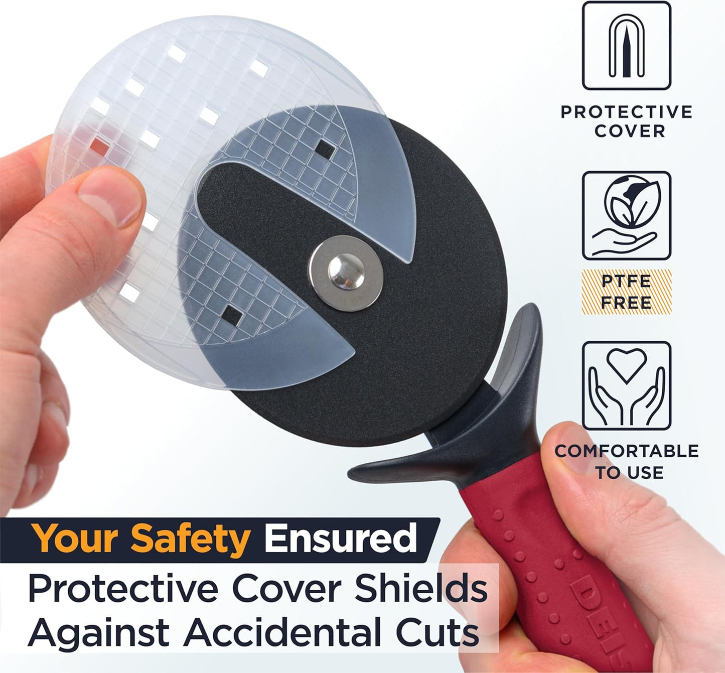 Deiss Lux Heavy Duty Pizza Cutter With Wheel Slicer- Stainless Steel Sharp Smooth Pizza Cutter Wheel With Easy Grip Non-Slip Handle, Dishwasher Safe (RED)