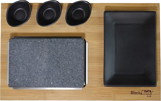 Black Rock Grill Steak, Hot Stone Grill - Sizzling Hot Rock, Indoor Grill, Cooking Stone with Matt Black Ramekins and Side Plate (One Standard Set)