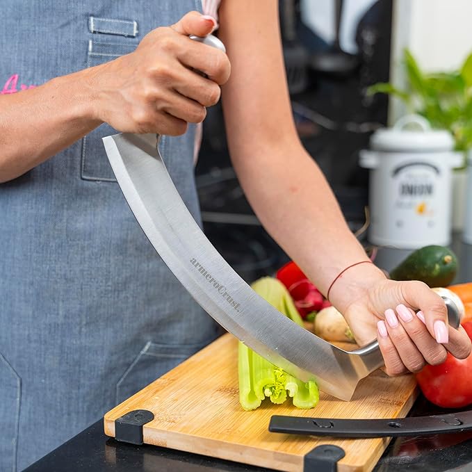 Mezzaluna Knife with Double Handle for Extra Stability - 12 Inches - Pizza Rocker for Precise Slicing of Thick Crust - Grade 18/0 Stainless Steel with Premium Finish