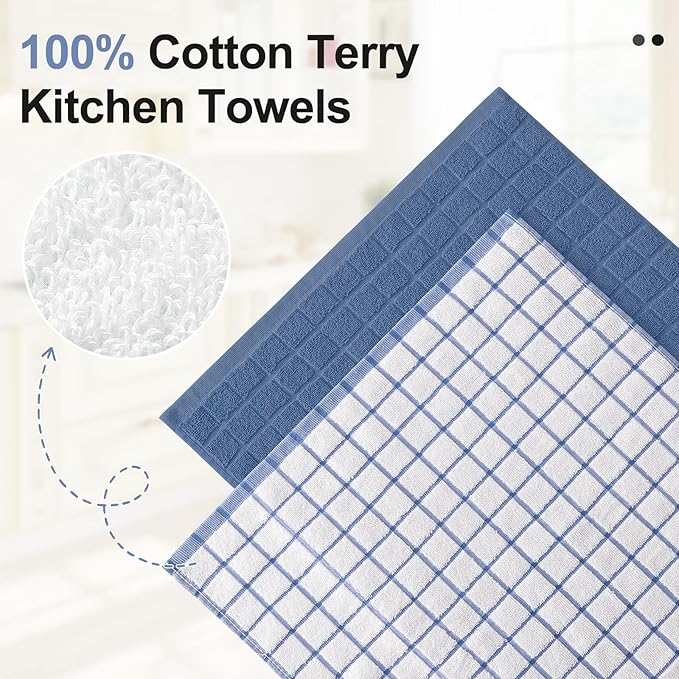 Homaxy Premium Cotton kitchen towels 16"x 28", Large Natural Ring Spun 390 GSM Dish Towels, Super Absorbent Terry Kitchen Hand Towels, Soft Tea Towel with Hanging Loop, Navy Blue Check Design, 12 Pack