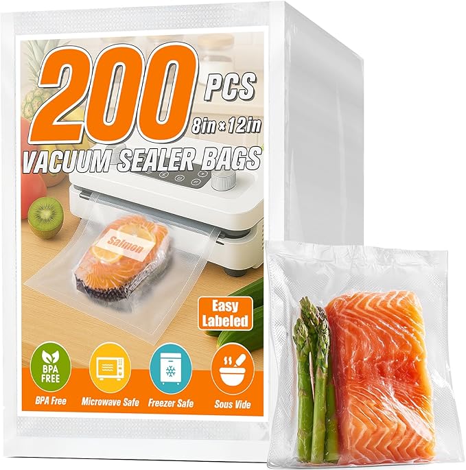 FUNFERY Pre-cut Vacuum Sealer Bags for Food, 200 Quart 8" x 12", Food Long-Term Storage and Sous Vide Commercial-Grade Bag,BPA Free Bags,Easy Labled