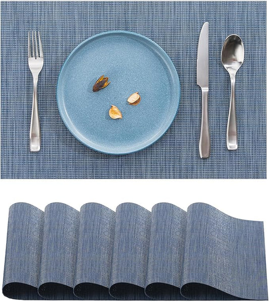 BACKTOEDEN Placemats Set of 6 Heat Resistant Washable Wipeable Placemat Woven Non-Slip Foldable Vinyl/Plastic Place Mats Indoor/Outdoor Mat Kitchen Dining Table Pad, Blue Silver Line