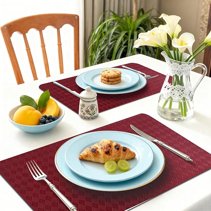 Vinyl Placemats Set of 6-12×17.7 Inch Waterproof & Heattable Placemats, Fall Faux Leather Wipeable Outdoor Table Mat for Dining, Kitchen, Indoor Outdoor Use (Grenadine Red, Diamond pattern)