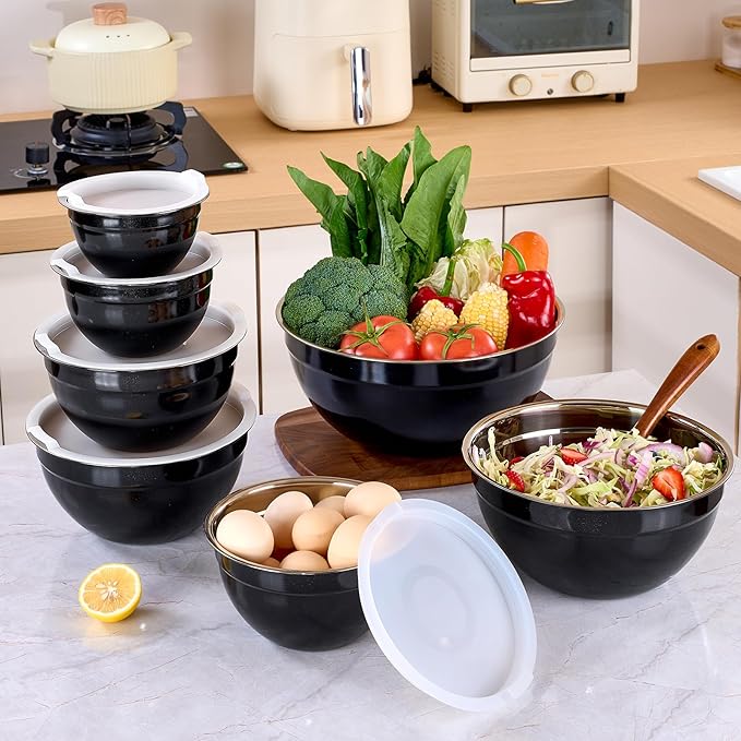 Black Mixing Bowls with Lids Set of 7, Stainless Steel Nesting Bowl with Khaki Lid for Non-slip Mixing Prepping Storing Serving, 7 Sizes-7/3.6/2.7/2.1/1.5/1/0.8 QT