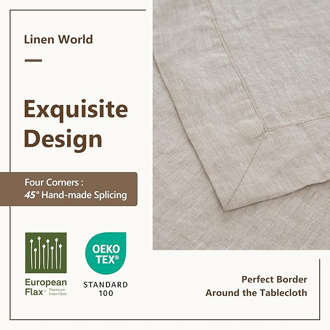 Linen World Linen Tablecloth, 100% French Linen Natural Tablecloth 108" x 60" Inch, Washable Rectangular Tablecloth for Dining, Outdoor, Weddings and Restaurants, Decorative Valentine Easter