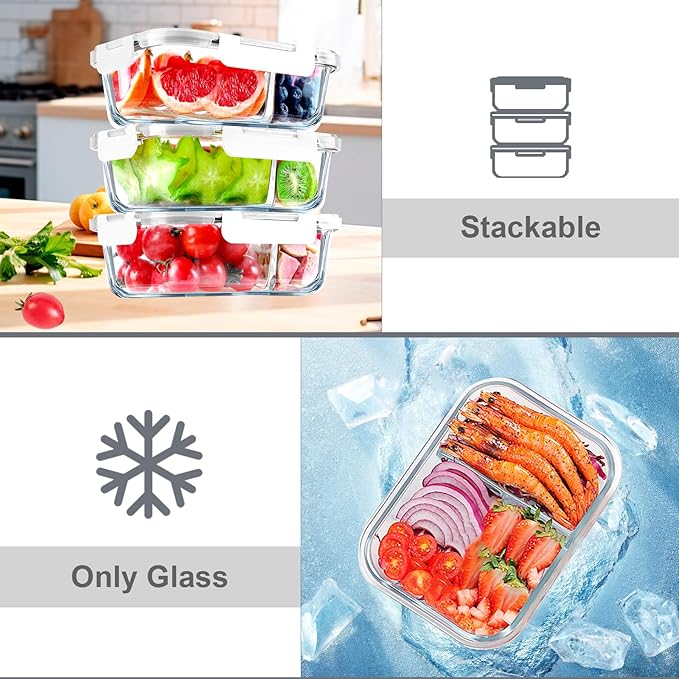 VERONES 5 Pack Glass Meal Prep Containers 2 Compartment Set, 36OZ Airtight Lunch Containers, Glass Food Storage Containers with Lids, for Microwave, Oven, Freezer & Dishwasher Friendly,White