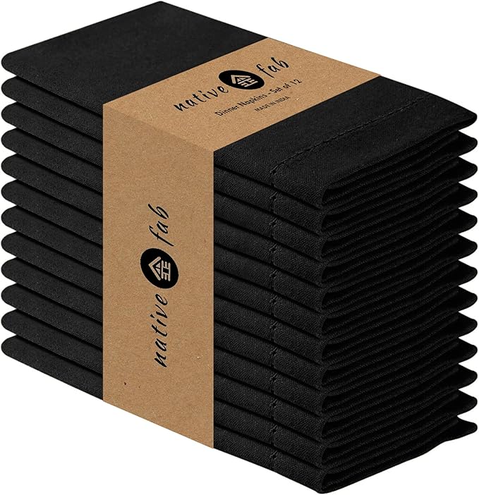Native Fab Set of 12 Cotton Cloth Napkins, 18x18 inch, Hemstitch Mitered Corners, Soft, Absorbent, Reusable Fabric, Table Linen Napkins for Wedding, Events, Lunch, Dinner, and Daily Use - Black