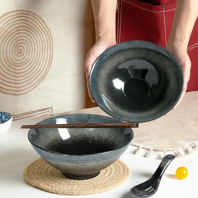 40 oz Ceramic Ramen Bowl Set of 2, Ramen Noodle Bowl with Spoons and Chopsticks 8 Inch Japanese Retro Style Large Soup, Pho, Udon Bowls, Microwave & Dishwasher Safe, Black