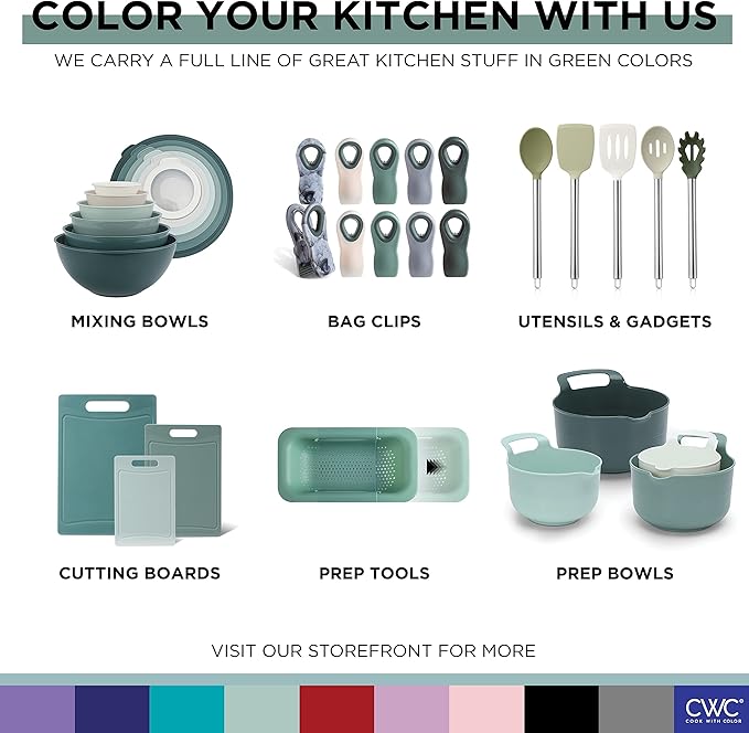 COOK WITH COLOR Nesting Plastic Mixing Bowl Set with Pour Spouts and Handles, Sage, 6 Piece Non-Slip