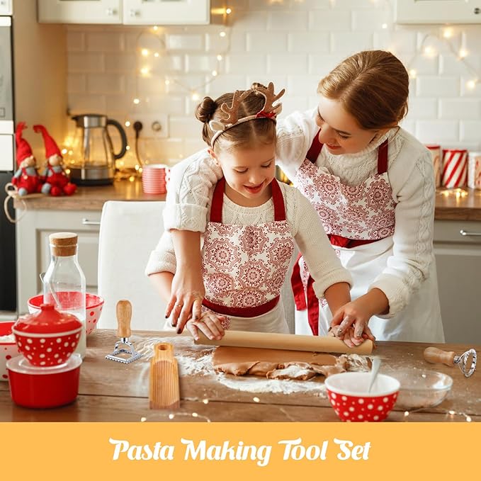 Tioncy 7 Pcs Pasta Making Tool Set Wood Gnocchi Board with Ravioli Stamp Ravioli Maker and Rolling Pin Homemade Gnocco Maker Kitchen Gift for Christmas Baking Lovers(Curved Gnocchi Board Set)