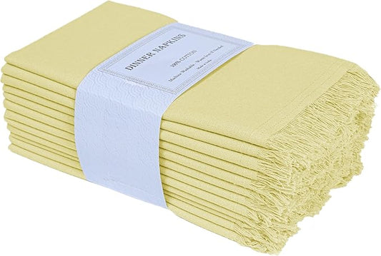 Bedding Craft Cotton Cloth Dinner Napkins Set of 12 – 18x18 French Vanilla Light Yellow with Fringed Corners – Machine Washable Fabric Napkins for Weddings, Baby Showers & Table Décor