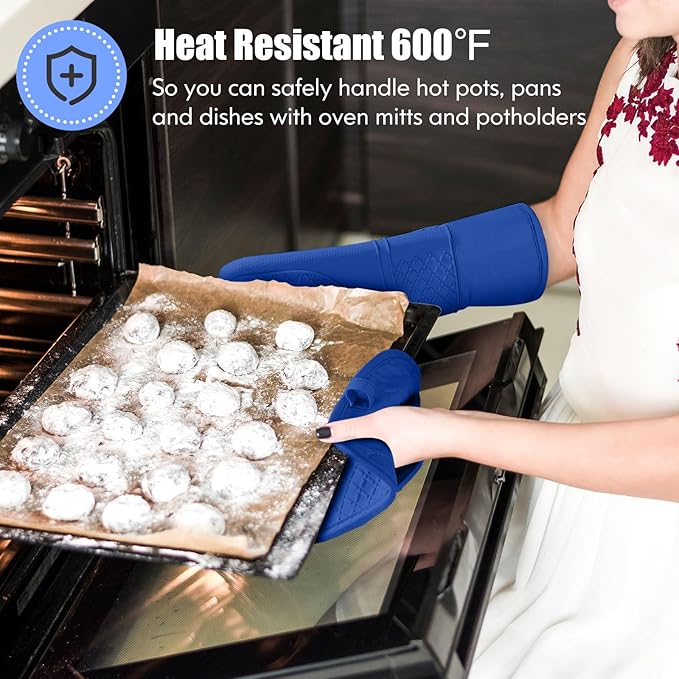 Oven Mitt and Pot Holders Sets, Quilted Cotton Terry Cloth,Non-Slip Pot Holder, Silicone Oven Mitt Heat Resistant, Oven Mittens 7.3"x14.2", Hot Pad 7"x10" & Dish Cloths 13"x25"