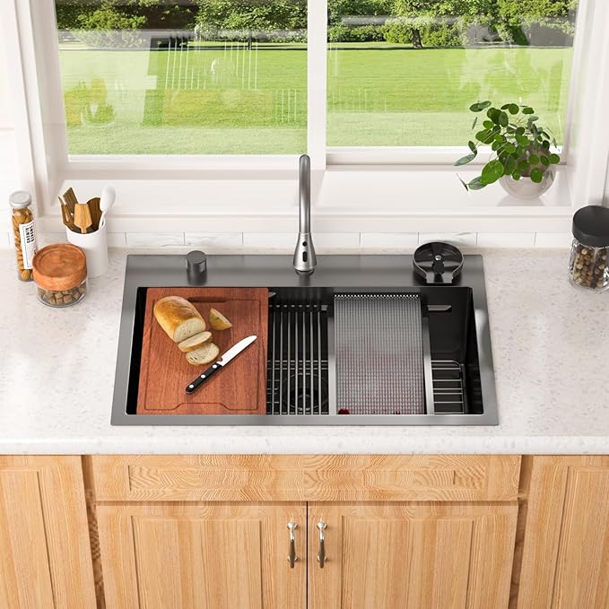 Lordear 33 Waterfall Kitchen Sink Black 33"x22" Drop In Kitchen Sinks Workstation Gunmetal Black 16 Gauge Single Bowl Topmount Handmade Sinks with Pull Out Faucet,Split Faucet Style