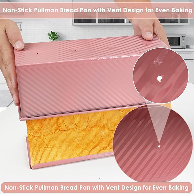 Premium Pink 13-inch Pullman Loaf Pan with Lid - Perfect for Baking Professional-Grade Sandwich Bread, PFOA & PTFE Free, Healthy & Stylish Non-Stick Bread Loaf Pan for Homemade Bread