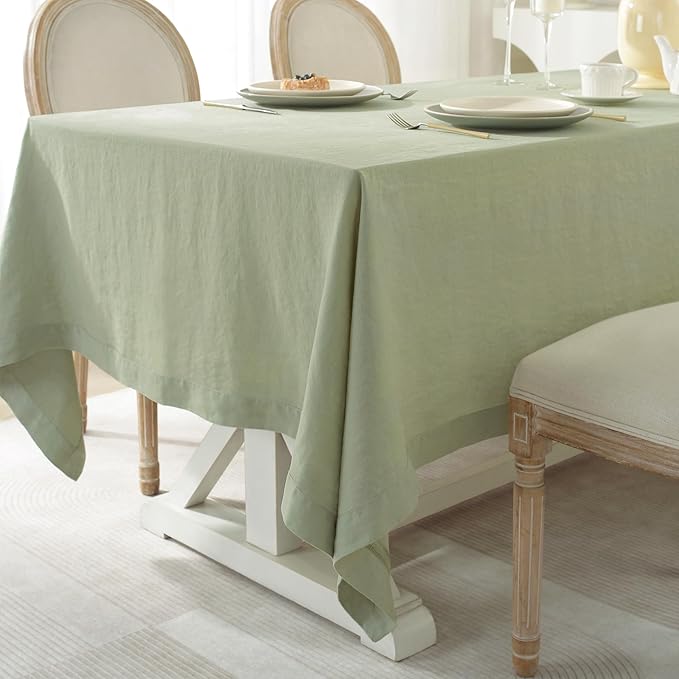 Linen World Linen Tablecloth, 100% French Linen Sage Tablecloth 90" x 60" Inch, Washable Rectangular Tablecloth for Dining, Outdoor, Weddings and Restaurants, Decorative Valentine Easter