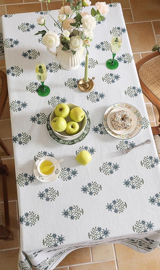 Floral Tablecloth for Rectangle Tables,Linen Table Cloth with Blue Flowers and Green Leaves,Heavy Durable Table Cover for Dining Thanksgiving Kitchen Party Banquet Christmas,63"*94"