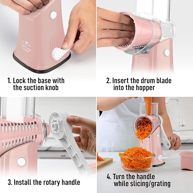 Zulay Kitchen Rotary Cheese Grater 5 Blade Cheese Shredder - Manual Hand Crank Cheese Grater With Reinforced Suction & 5 Interchangeable Drums - Easy to Use, Vegetable Chopper Round Mandoline Slicer