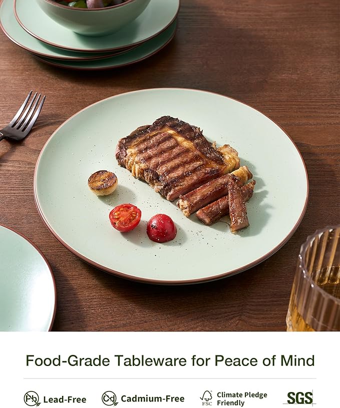 Famiware Venus Plates and Bowls Sets, 18 Pieces Stoneware Dinnerware Sets, Speckled Dishes Set for 6, Microwave and Dishwasher Safe, Matte Light Green