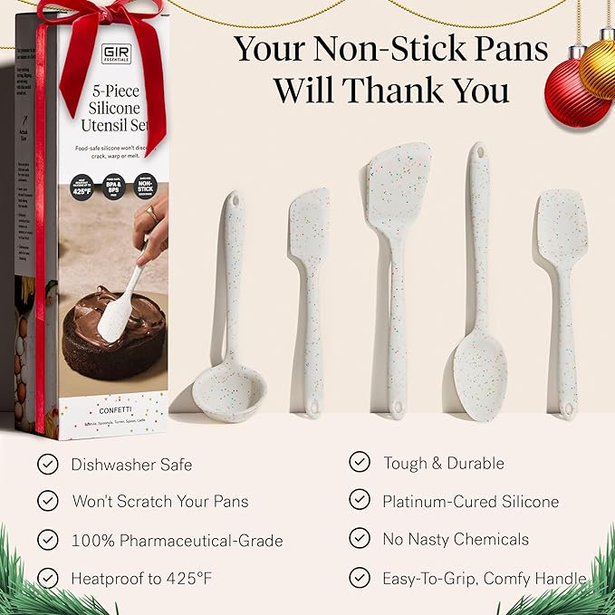 GIR: Get It Right 5-Piece Silicone Essentials Kitchen Utensils Set - Ladle, Spatula, Flip, Spoon & Spoonula - Non-Toxic Cooking Utensils for Nonstick Cookware, Cooking and Baking - Party Confetti