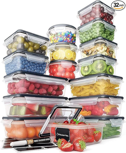 Chef's Path 32 Piece Airtight Food Storage Containers with Easy Snap Lids, 16 Containers and Lids, Stackable Kitchen and Pantry Canisters for Meal Prep and Food Storage - Transparent