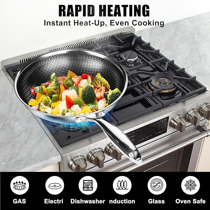 12 Inch Frying Pan,Non Stick Frying Pans,Stainless Steel Skillet,Non-Toxic,PFAS-Free,Suitable for All Cooktops.