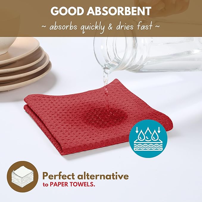 Native Fab 6 Pack Waffle Dish Cloths - 100% Cotton, Absorbent, Quick Drying & Soft Towels for Cleaning, Cooking & Baking - Ideal for Home, Restaurants & Cafes - 12x12 Inches - Red