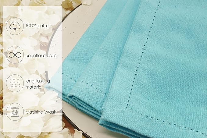 PurpleEssences Set of 12 Hemstitch Cloth Dinner Napkins 100% Cotton - Soft Durable Washable - Ideal for Wedding Fall Thanksgiving - Perfect Everyday Use Table Linen 18x18 - Aqua Blue