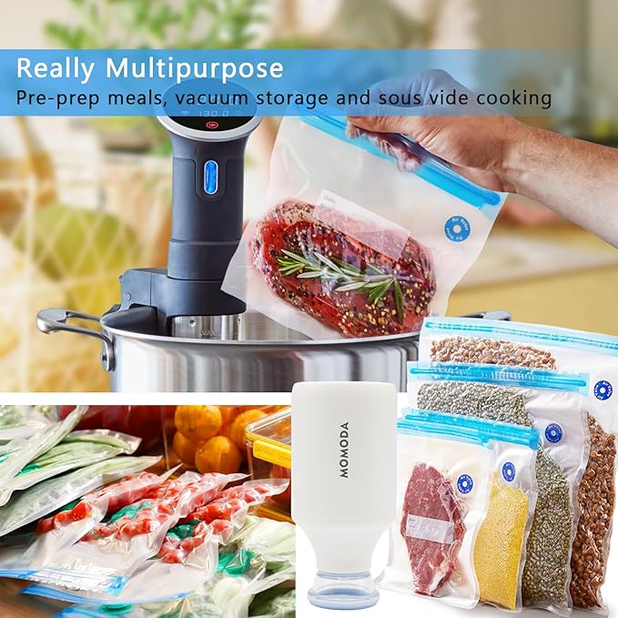 MOMODA Sous Vide Cooking Bags - Set of 30 | BPA-Free Reusable Vacuum Seal Bags with Air Valve for Joule and Anova Cookers | Freezer Safe Vacuum Food Storage Bags with Upgraded Electric Pump Included