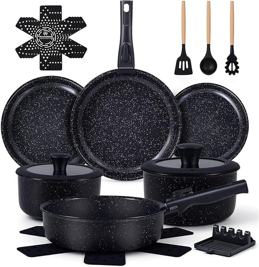 Ammeloo 21 Pcs Pots and Pans Set Non Stick, Ceramic Kitchen Cookware Set with Detachable Handle, Non Toxic Cooking Set for Kitchen, RV, Camping and Fridge, Induction Ready, Dishwasher/Oven Safe, Black