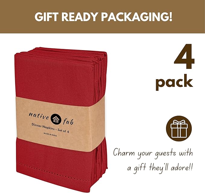 Native Fab Cloth Napkins Set of 4, Hemstitched Edges 100% Cotton, Washable Fabric Napkins 18x18 inch, Soft & Absorbent, Reusable Linen Napkins for Dinner, Table Dining, Events, Party - Red