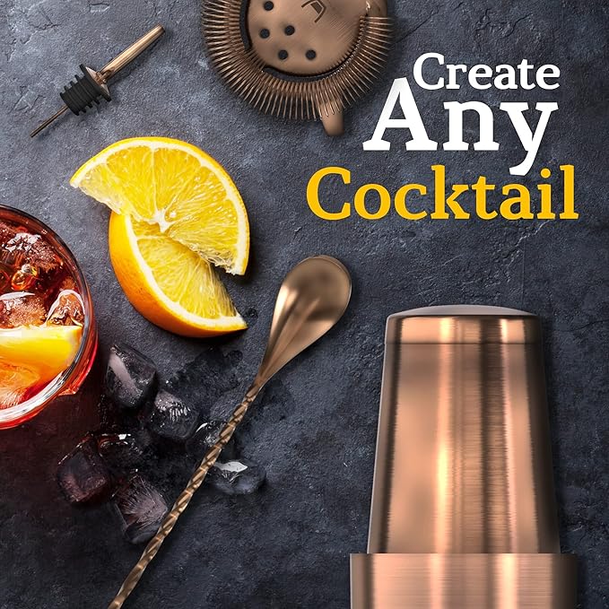 Highball & Chaser Bartender Kit with Black Bamboo Stand Beautiful Cocktail Shaker Set and Bar Tools Stainless Steel Boston Shaker Bartender Kit with Stand (Antique Copper)