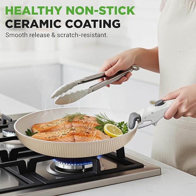 NutriChef 18-Piece Ceramic Cookware Set with Detachable Handles, Non Stick Pots and Pans, PTFE-Free Natural Ceramic Coating, Space-Saving Design, Oven & Stove Safe, Includes Utensils, Cream