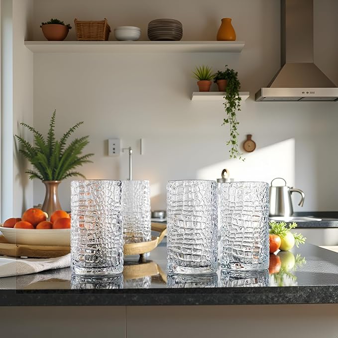 Glaver's Highball Drinking Glasses, Set of 4 Clear 15 Ounce Crackle Design Textured Drinking Glasses Heavy Duty Basic Set for Everyday Home, Bar use for Water Juice Cocktails Smoothies.