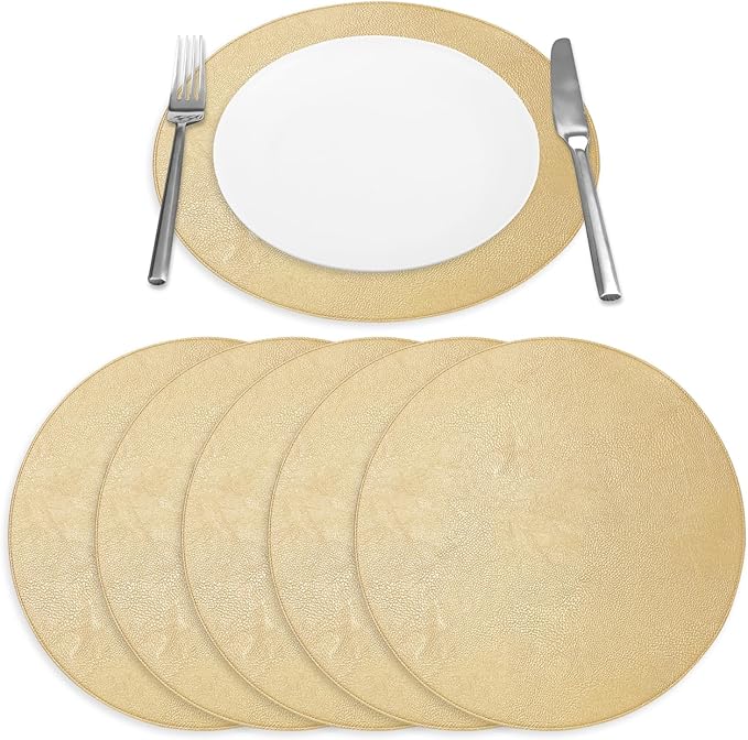 Placemats Set of 6 – Round 15” Faux Leather Table Mats for Dining, Heat Resistant & Non-Slip Washable Table Decor, Indoor, Outdoor, Dining Table Set for 6, Modern Kitchen & Holiday Use, Gold