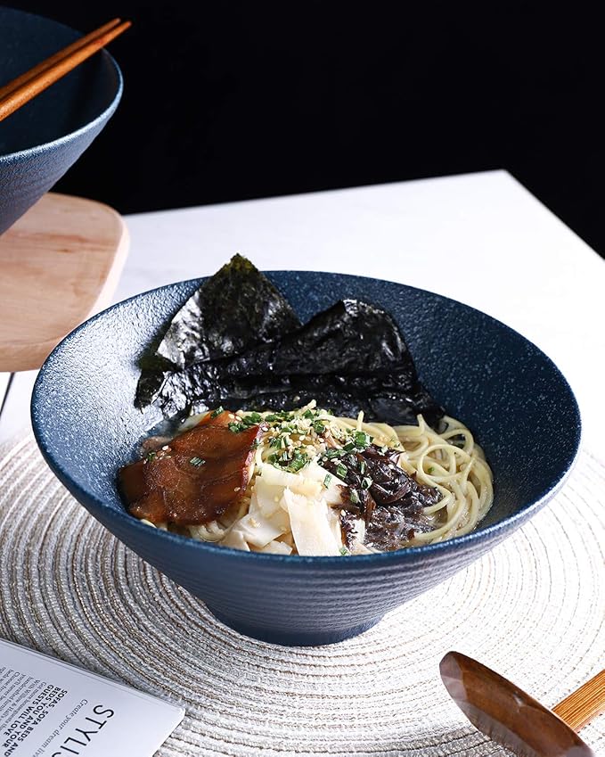 Kanwone Ceramic Japanese Ramen Bowl Set, Noodle Soup Bowls - 60 Ounce, with Matching Spoons and Chopsticks for Udon Soba Pho Asian Noodles, Set of 2, Navy