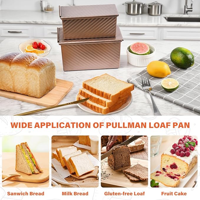 2 Pack Pullman Loaf Pan with Lid, 1 lb/0.5 lb Dough Capacity for Homemade Bread, Non-stick Corrugated Carbon Steel Bread Toast Box with Cover for Bakeware, Sandwich & Toast Oven Baking, Gold