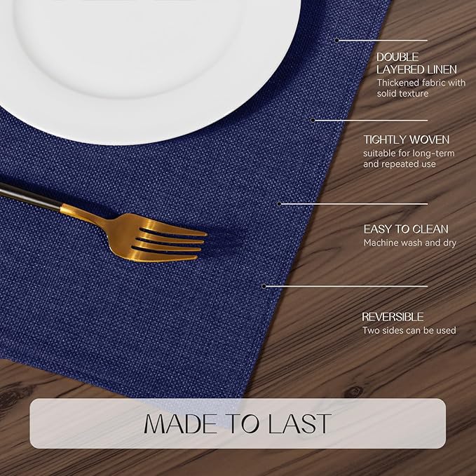 Romanstile Cloth Placemats Set of 6-12 x 18 Inch, Heat Resistant Double Layered Thickened Burlap Place Mats, Washable Faux Linen Farmhouse Table Mats for Kitchen/Dining/Party/Outdoor, Navy Blue
