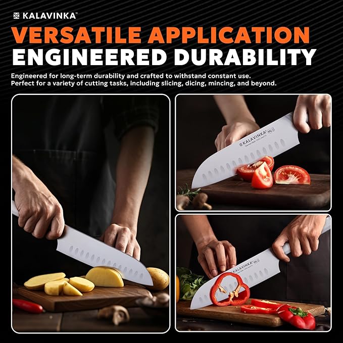 7 Inch All-Purpose Santoku Knife, German X50CrMoV15 Steel, Comfortable Handle, Razor Sharp Edge, Gifted Sheath, Outdoor Cooking (RUPA)