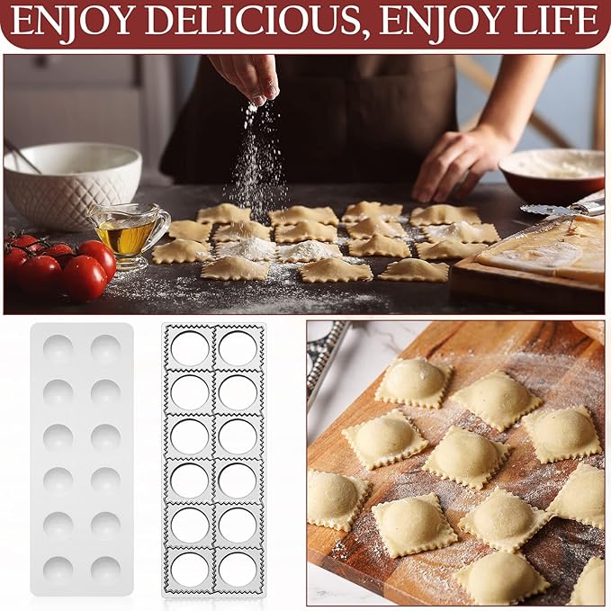Gerrii 2 Sets Ravioli Mold Extra Large Ravioli Maker Press 12 Holes 1.5 Inch Round Russian Dumplings Making Kit Square Double Dumplings Cutter Pastry Wheel Cutter Pasta Tools for Kitchen