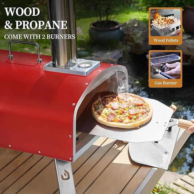 16" Outdoor Pizza Oven Propane & Wood Fired Stainless Steel Pizza Grill with Gas Burner, Wood Tray Pizza Stone, Pizza Peel, Carry Bag (Red)