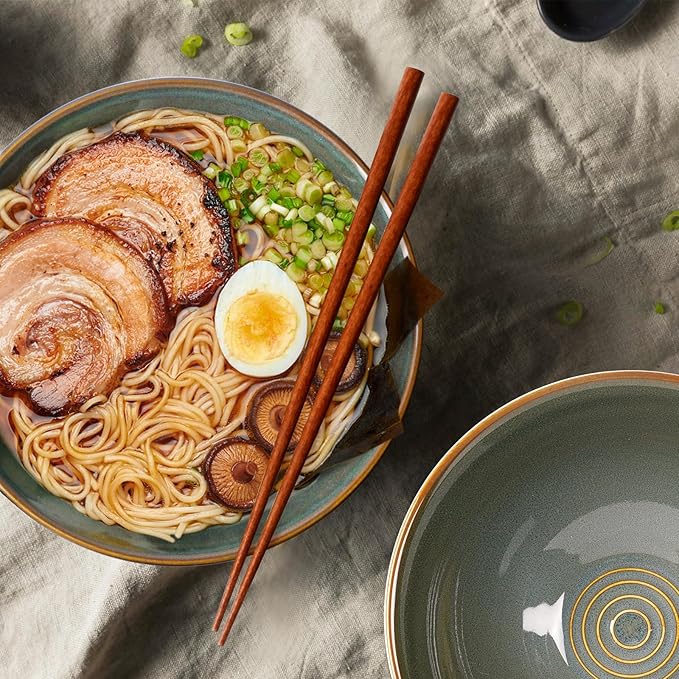 NUTRIUPS 8 Inch Ceramic Ramen Bowl Set of 2 Pho Bowls 40oz Japanese Noodle Udon Soup Bowls with Spoons and Chopsticks (Deep Ocean Green)
