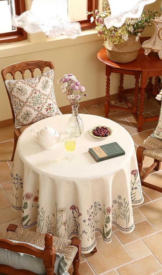 Floral Tablecloth for Round Tables,Linen Table Cloth with Colorful Flowers Pattern,Heavy Durable Table Cover for Dining Thanksgiving Kitchen Decor Party Christmas,Diameter 55"