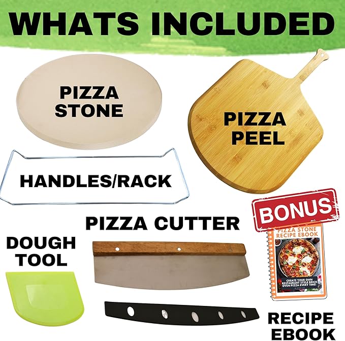 Large Pizza Stone for Oven 16 inch - Round Pizza Stone for Grill with Handles, Wood Pizza Peel and Cutter Set - Baking Stone for Bread - Pizza Making Kit Accessories - Gifts for Food Lovers
