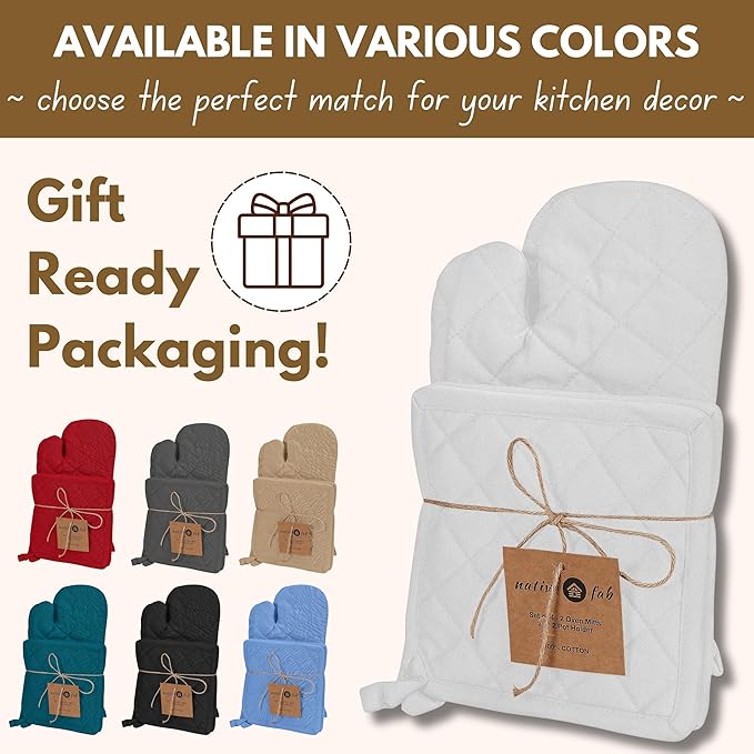 Native Fab 4 Piece Set - 2 Oven Mitts & 2 Potholders, Heat Resistant, 100% Cotton, Quilted Design, Non-Slip Grip, Machine Washable, Ideal for Baking, Cooking, BBQ, Kitchen Protection - White