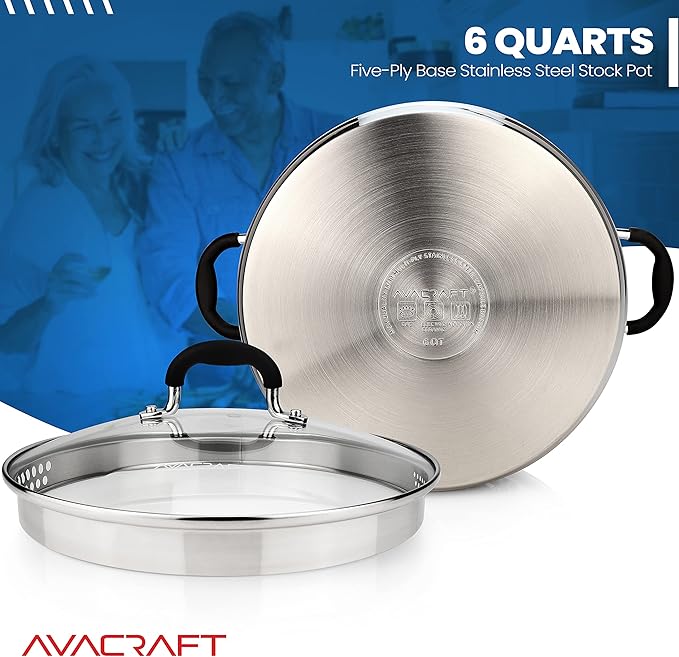 AVACRAFT Stainless Steel Stockpot with Glass Strainer Lid, 6 Quart Stock Pot, Soup & Saucepan Cookware, Side Spouts, Multipurpose, Induction Pan, (5-Ply Capsule Bottom, 6QT)