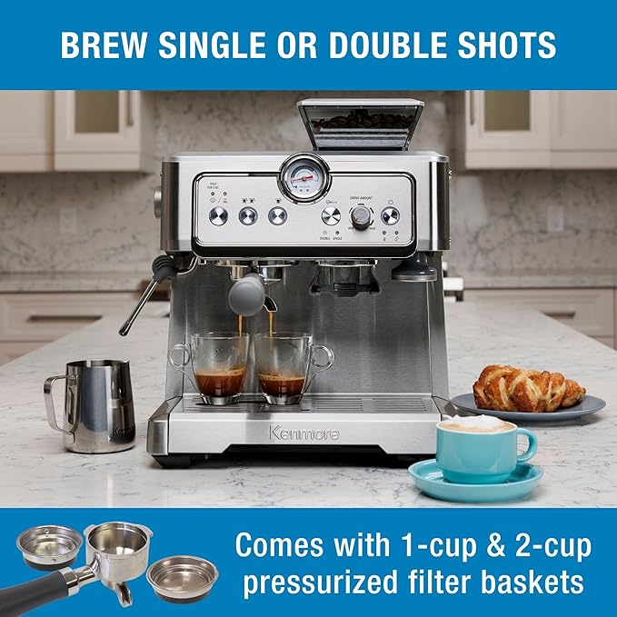 Kenmore Espresso Machine - Automatic Coffee Maker With Manual Tamper, Auto Cleaning, Milk Steamer & Frother, Bean Grinder, Make Professional Barista Style Cappuccino, Café Latte, Stainless Steel