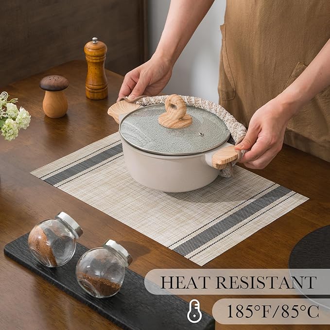 BACKTOEDEN Placemats Set of 6 Heat Resistant Washable Wipeable Placemat Woven Non-Slip Foldable Vinyl/Plastic Place Mats Indoor/Outdoor Mat Kitchen Dining Table Pad, Black Skyline