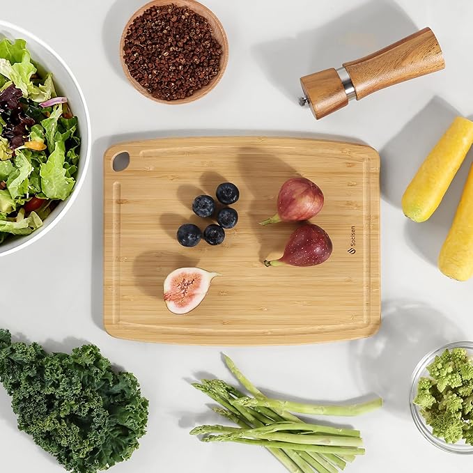 Lightweight Durable Bamboo Cutting Board with Non-Slip Feet, Reversible Wood Cutting Board with Juice Groove Easy to Store & Clean, Water-Resistant Ideal Kitchen Gift for Home Cooks