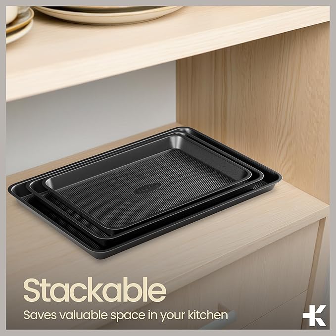 BAKKEN Kitchen Baking Pans - Small, Medium, and Large Cookie Pan (13.58×9.65, 15.75×11, 17.91×12.60), Nonstick, Diamond Texture Bottom, PFOA, PFOS, PTFE Free, Oven Safe Tray (450°F), Pack of 3, Gray