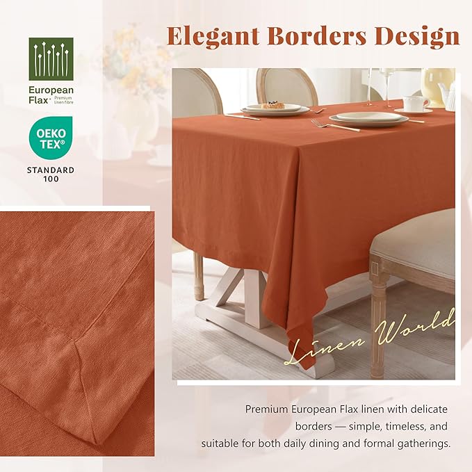 Linen World Fall Linen Tablecloth 90" x 60" Inch,French Linen Washable Rectangular Table Cloth for Dining,Outdoor, Weddings and Restaurants,Decorative Thanksgiving Christmas,Burnt Orange